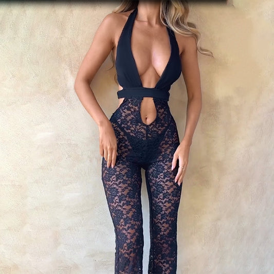 Halter Sexy Cut Out Lace Jumpsuits Rompers Fashion Outfits One Piece Backless Bodycon Jumpsuit Overalls Flare Pant