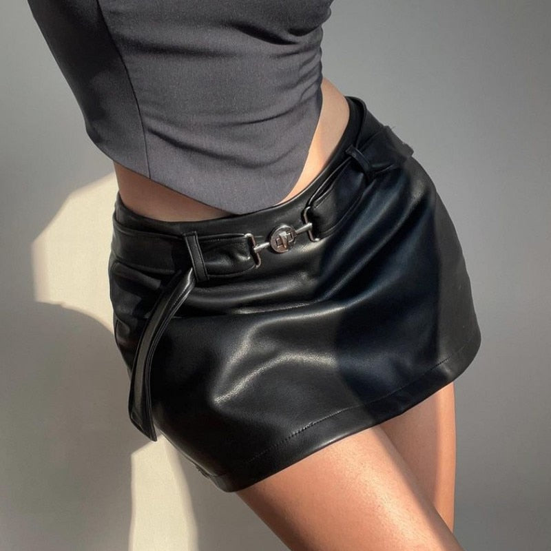 Vintage PU Leather Mini Skirts for Women Fashion Outfits Gothic Punk Grunge Black Skirt Bottoms Streetwear Clothes