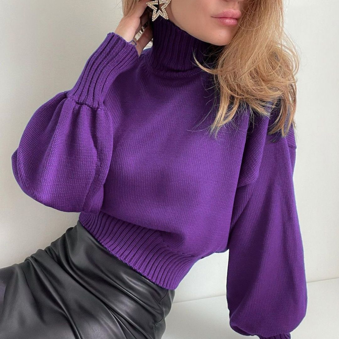 Fall Winter Knitted Puff Sleeve Sweaters for Women Pullovers Turtleneck Sweater Top Casual Fashion Outfits Clothes