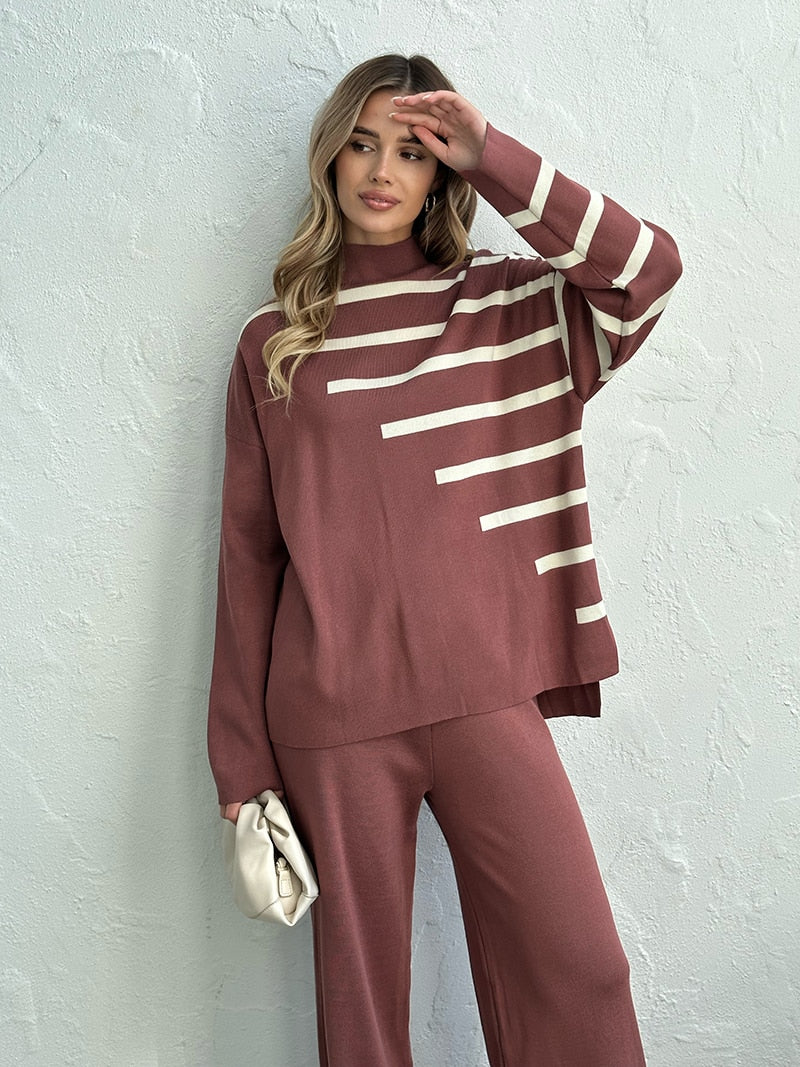 Knitted Two Piece Women Sets Long Sleeve Loungewear Knit Tracksuit Women Two Piece Set White Striped 2 Piece Set Women Outfit