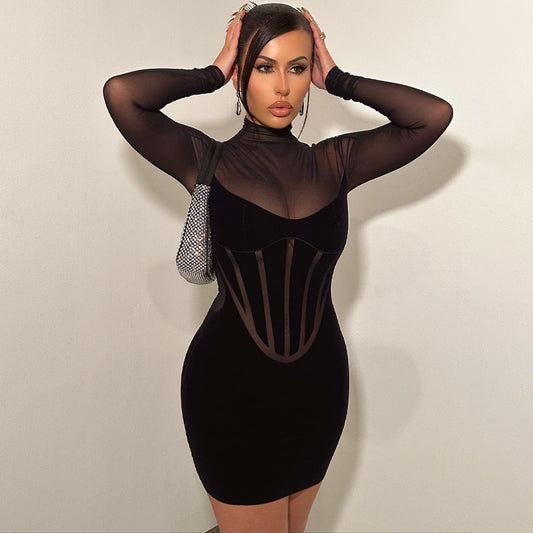 Mesh See Through Sexy Corset Mini Dress for Women Fashion Outfits Club Party Long Sleeve Women's Dresses Bodycon