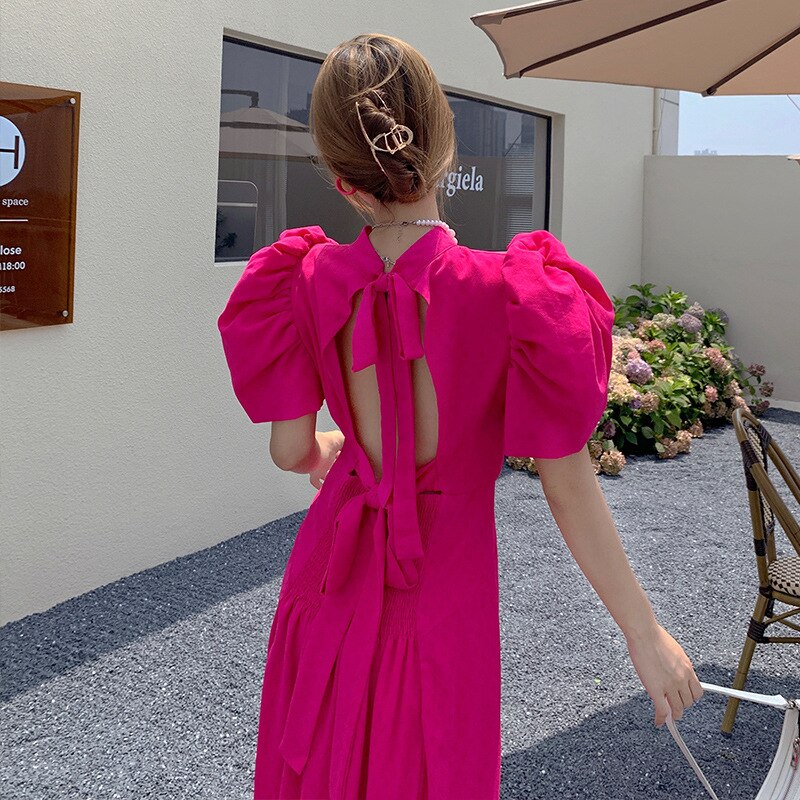 Pink Backless Sexy Long Dress Korean Fashion Midi Bandage Beach Dress Short Sleeve Summer Maxi Party Dresses For Women