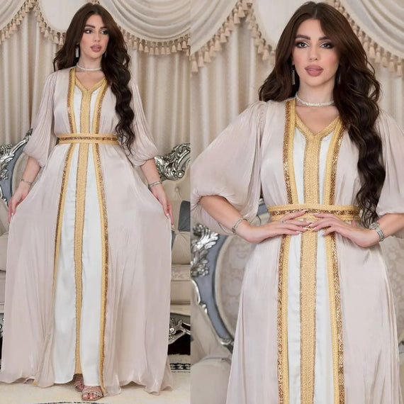 Elegant Muslim Dress Set: 2-Piece Shiny Djellaba and Modest Belted Suit for Women