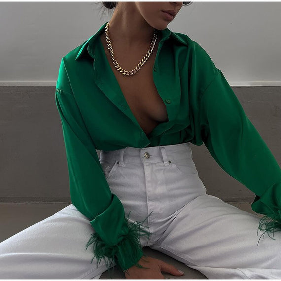 Office Lady Elegant Feathers Shirts and Blouses for Women Casual Fashion Fall Outfits Tops Button Up Shirts Satin