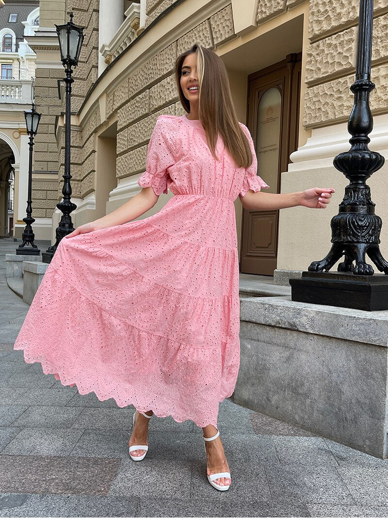 V Neck Elegant Beach Long Dresses Women Short Sleeve Hollow Floral Evening Dresses Ruffle Sexy Maxi Dress For Women Summer 2023