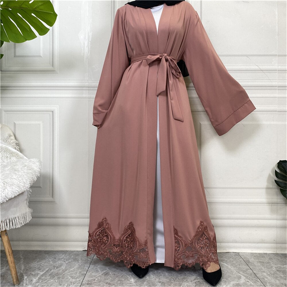 Djellaba Lace Embroidery Muslim Dress Dubai Fashion Satin Abaya Dubai Muslim Kimono Islam Robe