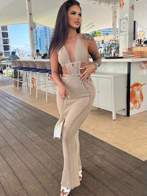 Summer Beachwear Hollow Out Maxi Dress Sexy Backless Halter Outfits for Women Party Bodycon Long Dresses Vestido