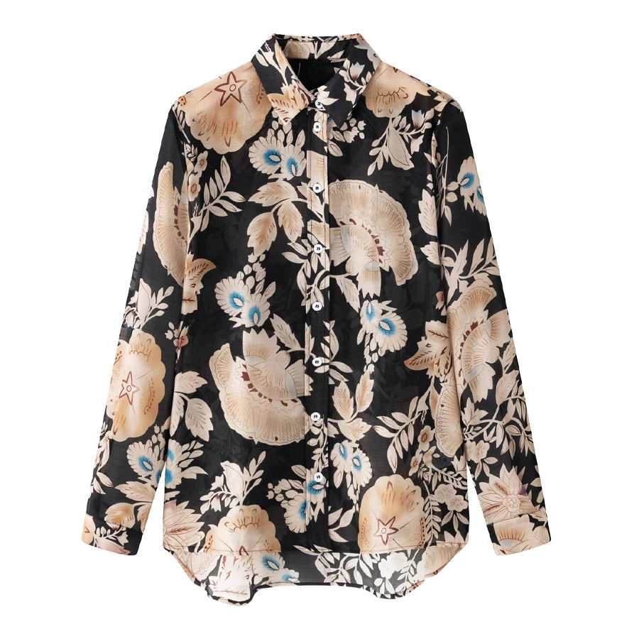 Floral Black Blouse - 2024 Spring Summer Top | Women's Shirt with Turn Down Collar