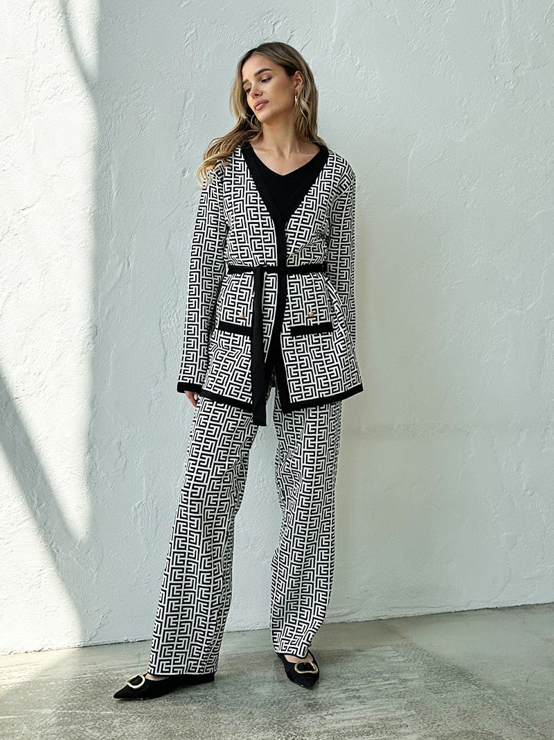 Luxury 3 Piece Knit Set Women Bandage Cardigan and Pants Set Winter Tracksuit Women Knitted Suit Knit Three Piece Set For Women