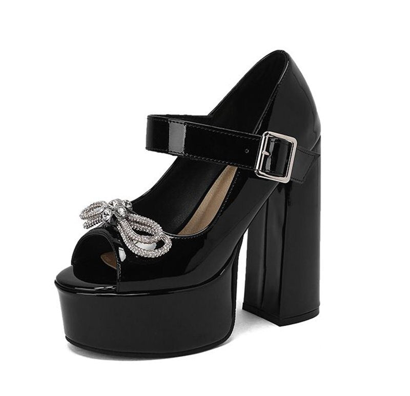 Women Sandals Peep Toe Block Heels Crystal Bowknot Buckle Strap Sexy Party Shoes Big Size