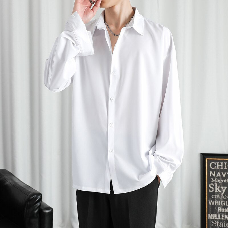 Korean Fashion Black Solid Long Sleeve Shirts 2023 Harajuku Black Oversized Shirt Male Casual Button Up Shirts Blouses
