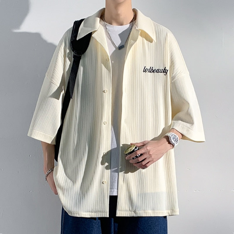 Korean Fashiosn Embroidery Shirts Black Short Sleeve Oversized Blouses Japanese Streetwear Y2k Beige Button Up Shirt