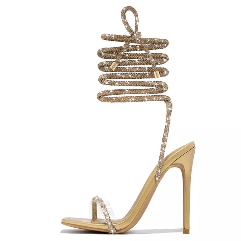 Glamorous Gold Crystal Ankle Strap Sandals for Women: Perfect for Summer Parties, Weddings, and Banquets