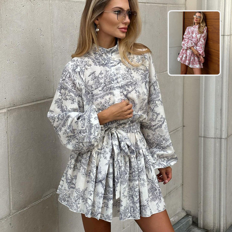 Fashion Puffy Sleeve Ink Print A-Line Dress