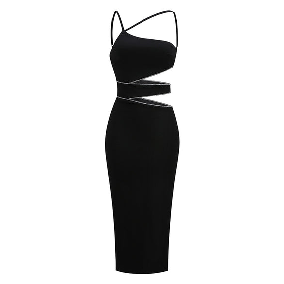 Women's Black Sling Wrap Dress with Rhinestone Inlay