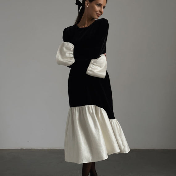 Autumn New French Stitching Design Sense Round-neck Flared Sleeves Dress