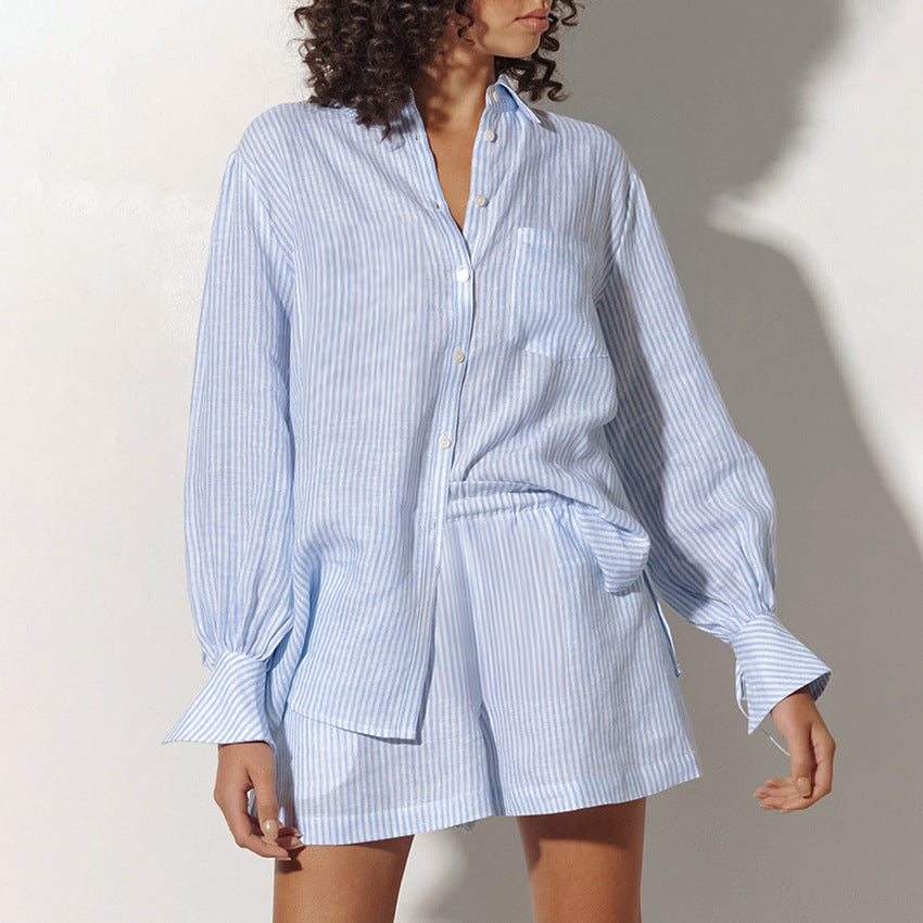 Women's Pure Cotton Striped Shirt & Shorts Set