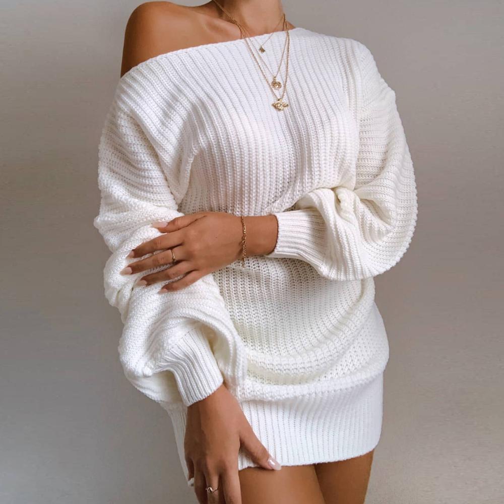 Casual Knitted Mini Dress Women Autumn Winter Sweaters Balloon Long Sleeve Knitwear Women's Dresses Loose Jersey