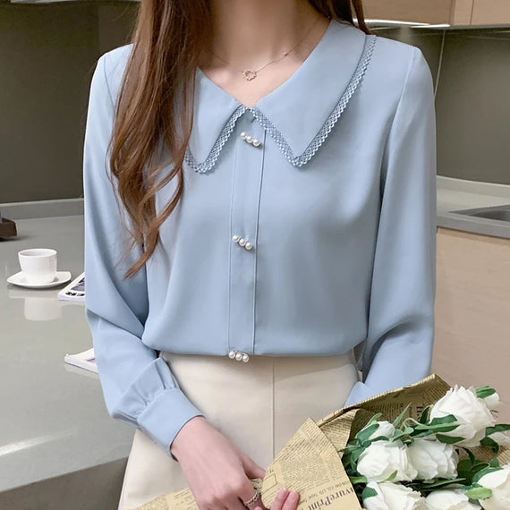 Elegant Spring Blouse with Sweet Lace and Pearl Beading for Women - Korean Style Long Sleeve Tops with Peter Pan Collar