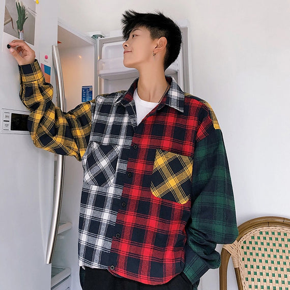 Men Oversized Cotton Plaid Shirt 2023 Man Hip Hop Patchwork Button Up Long Sleeve Shirt Couple Korean Harajuku Clothing