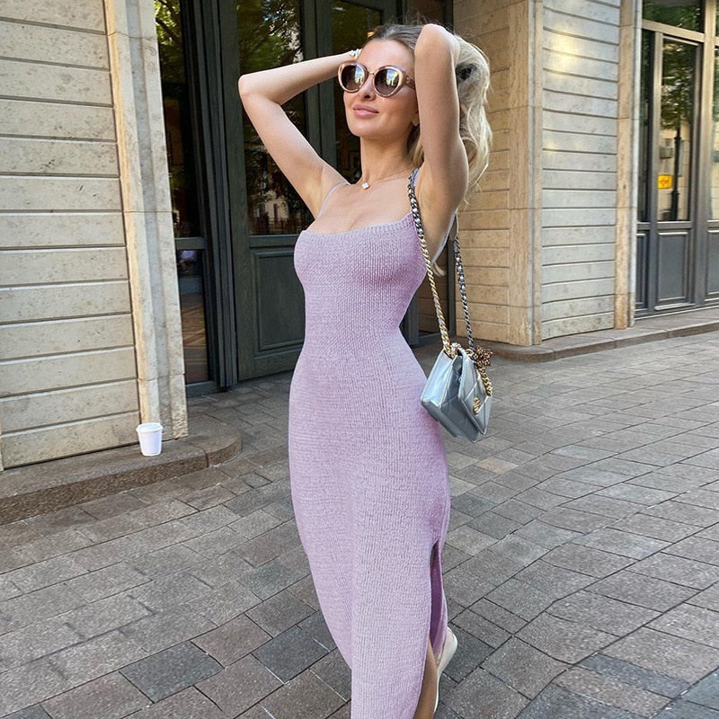 Summer Knit Bandage Sleeveless Midi Dress for Women Elegant Outfits Club Party Straps Slip Dresses Clothes