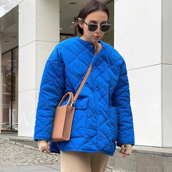 Winter Blue Oversize Puffer Jackets for Women Casual Fashion Warm Cotton Button Down Quilted Coat and Jacket Loose