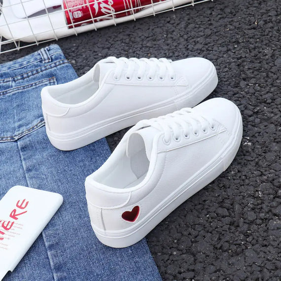 Stylish White Lace-Up Sneakers for Women - Breathable and Comfortable PU Leather Trainers