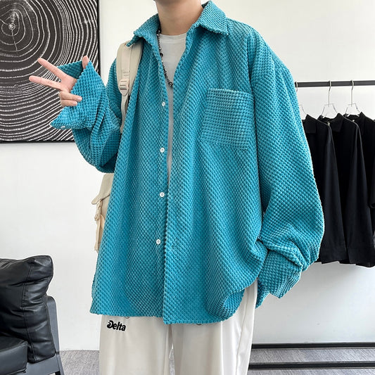 Men Solid Long Sleeve Vintage Shirt 2023 Mens Corduroy Harajuku Korean Shirts Male Designer Oversized Baggy Shirts 5XL