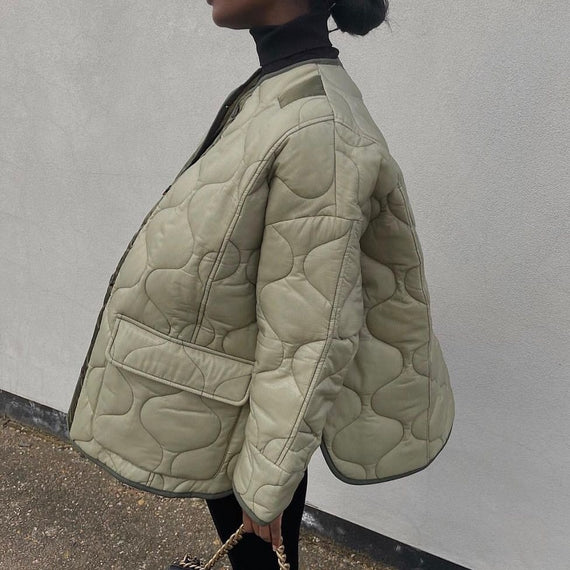 Designer Autumn Winter Army Green PufferJackets for Women Casual Fashion Warm Breasted Cotton Quilted Coat Pockets