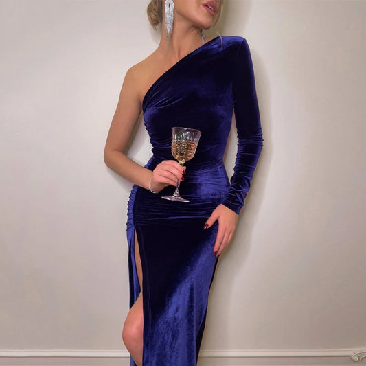 Velvet Bodycon Split Pencil Dress - Elegant Evening Midi