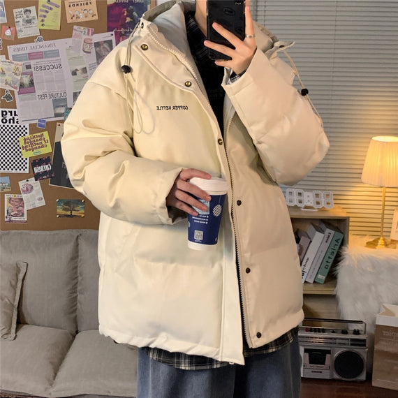 Men Solid Vintage Hooded Parkas Mens Leather Harajuku Streetwear Puffer Jacket Male Korean Fashion Winter Jacket