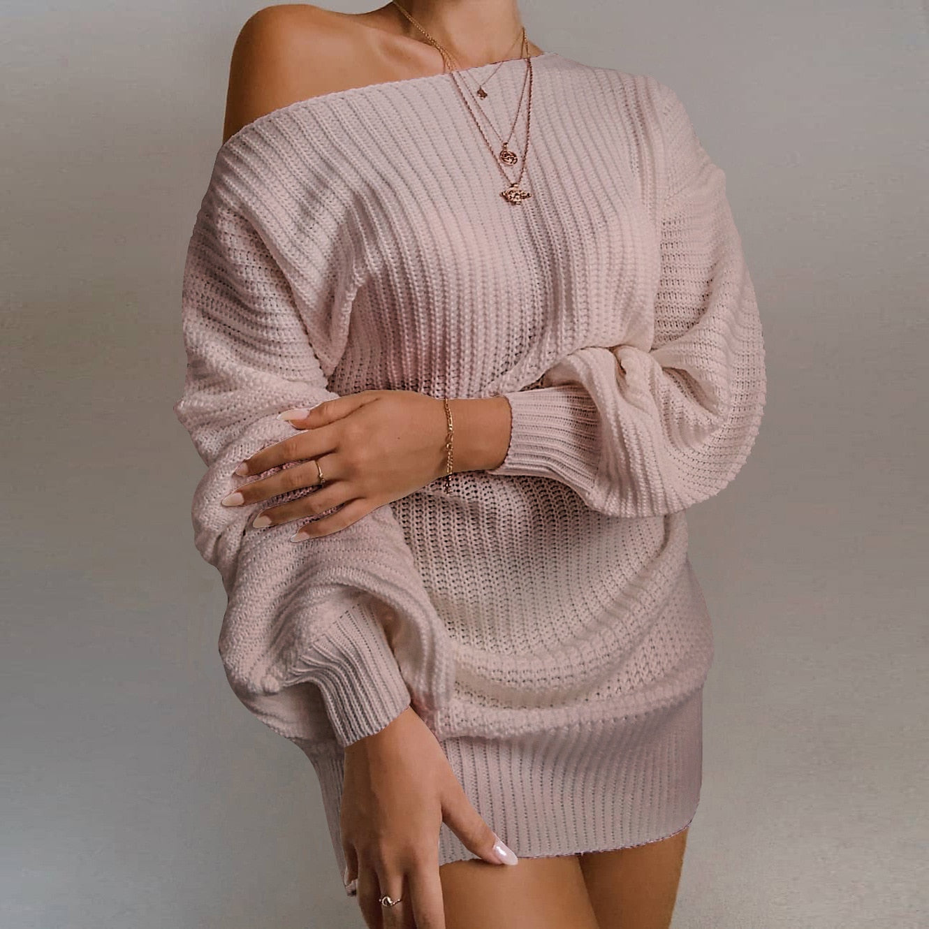 Casual Knitted Mini Dress Women Autumn Winter Sweaters Balloon Long Sleeve Knitwear Women's Dresses Loose Jersey