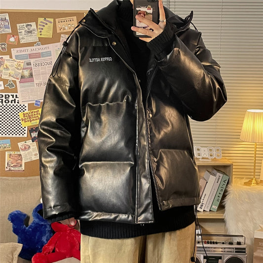 Men Solid Vintage Hooded Parkas Mens Leather Harajuku Streetwear Puffer Jacket Male Korean Fashion Winter Jacket