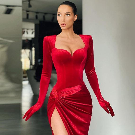 Elegant Gown Long Dress Evening Club Outfits for Women Gloves Sleeve Velvet Sexy Slit Maxi Dresses Ruched Dresses