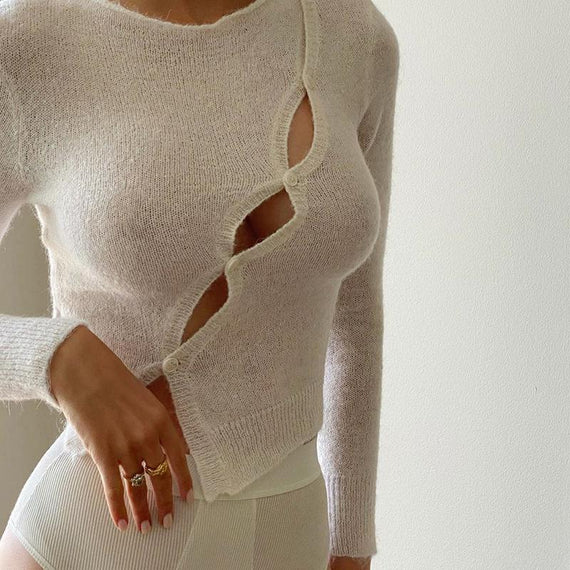 Long Sleeve Spring Autumn Knitted Women Tops Sweaters T-Shirts Elegant Hollow Out Top Tees Streetwear Y2K Clothes