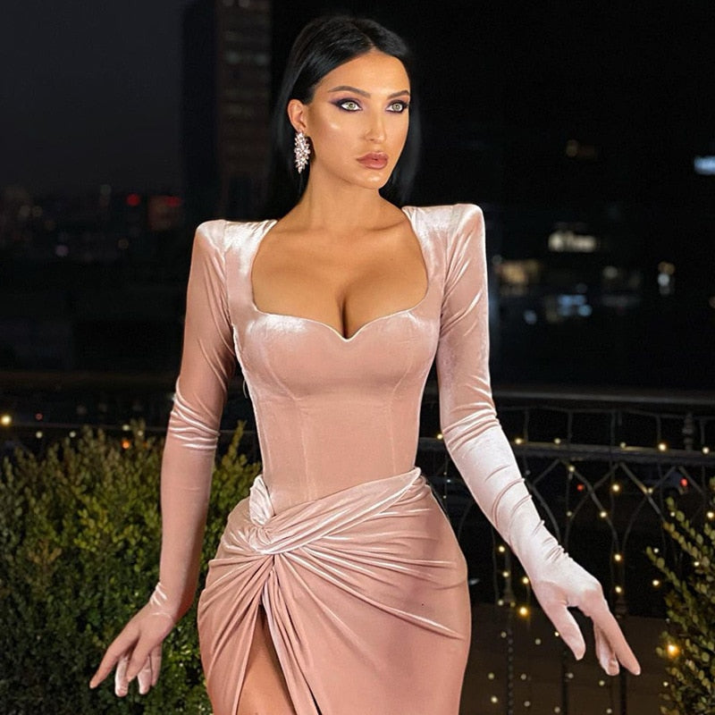 Elegant Gown Long Dress Evening Club Outfits for Women Gloves Sleeve Velvet Sexy Slit Maxi Dresses Ruched Dresses