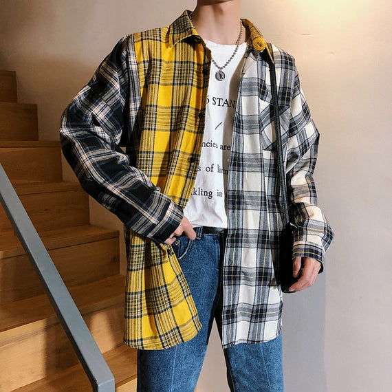 Men Oversized Cotton Plaid Shirt 2023 Man Hip Hop Patchwork Button Up Long Sleeve Shirt Couple Korean Harajuku Clothing