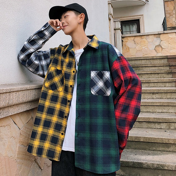 Men Oversized Cotton Plaid Shirt 2023 Man Hip Hop Patchwork Button Up Long Sleeve Shirt Couple Korean Harajuku Clothing