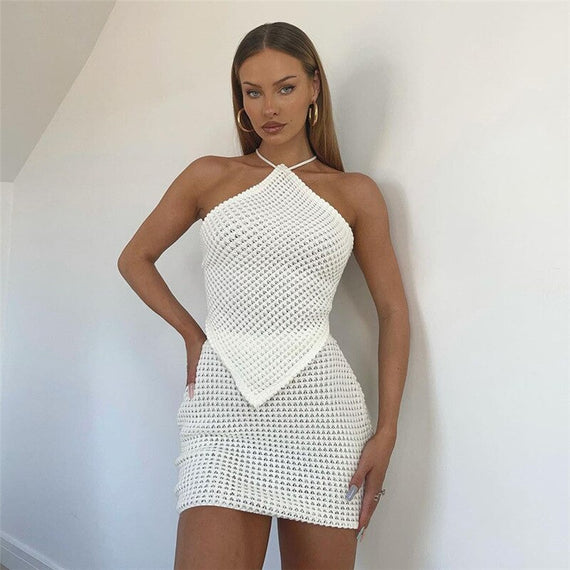 Sexy Knit Halter 2 Piece Set - Backless Crop Top & Skirt Outfit