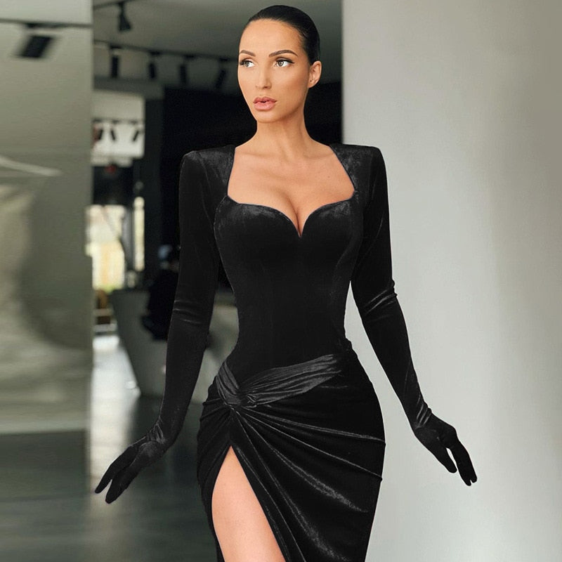 Elegant Gown Long Dress Evening Club Outfits for Women Gloves Sleeve Velvet Sexy Slit Maxi Dresses Ruched Dresses