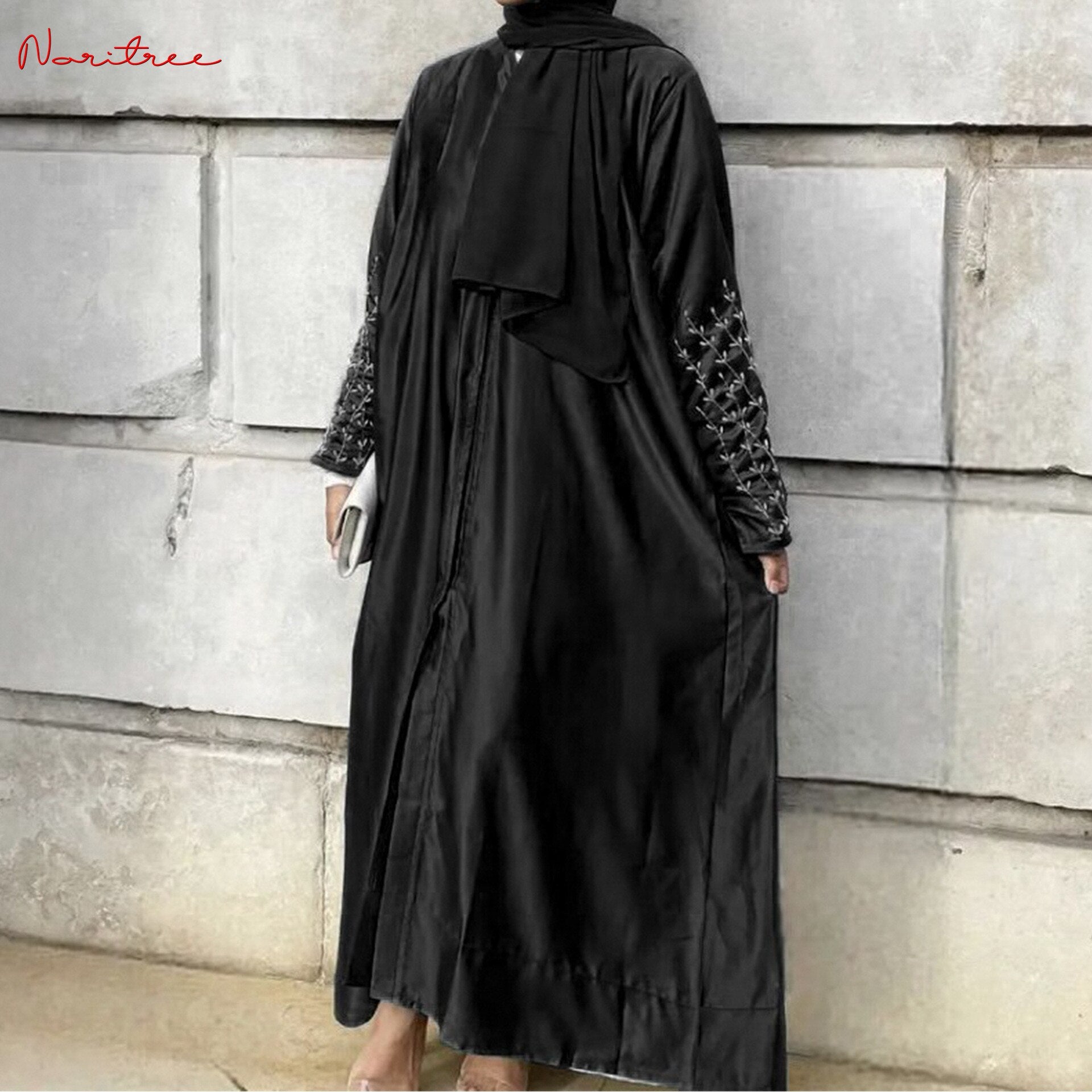 Silky Beading Djellaba Muslim Dress Dubai single breasted Flare Sleeve Abaya Dubai Muslim Islam Robe With Pockets