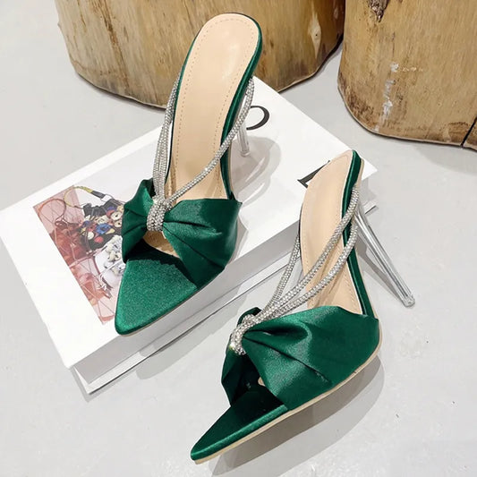 Elegant Green Silk Crystal Mule High Heels for Women - Perfect for Parties and Special Occasions