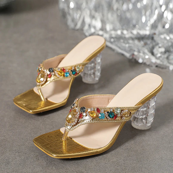 Stylish Gem Rivet Slides: Women's Summer Sandals with Unique Low Heels and Transparent Design