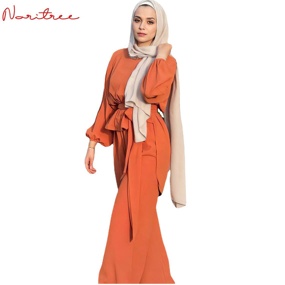 Djellaba Muslim Sets Dress Elastic Cuff Muslim Suits Elegant Long Islamic Women Modest Wear Clothing EID Sets