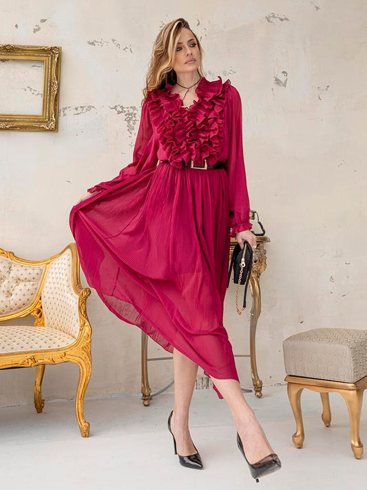 Elegant Ruffle Pleated Evening Party Dresses Women Vintage Long Formal Prom Dress Long Sleeve Ribbed Maxi Dresses For Women 2023