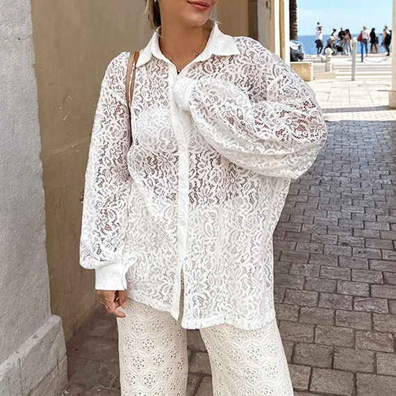 Elegant White Lace Long Sleeve Shirt for Women - Perfect for Office or Casual Wear