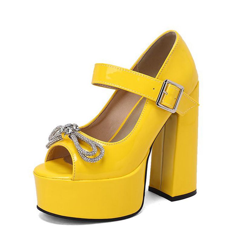 Women Sandals Peep Toe Block Heels Crystal Bowknot Buckle Strap Sexy Party Shoes Big Size