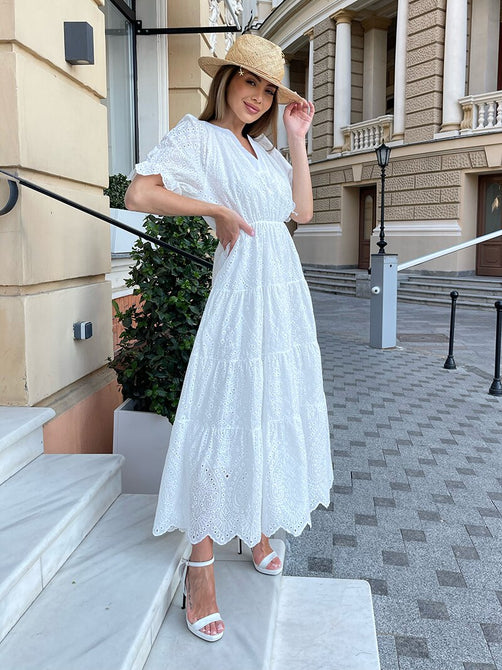 V Neck Elegant Beach Long Dresses Women Short Sleeve Hollow Floral Evening Dresses Ruffle Sexy Maxi Dress For Women Summer 2023