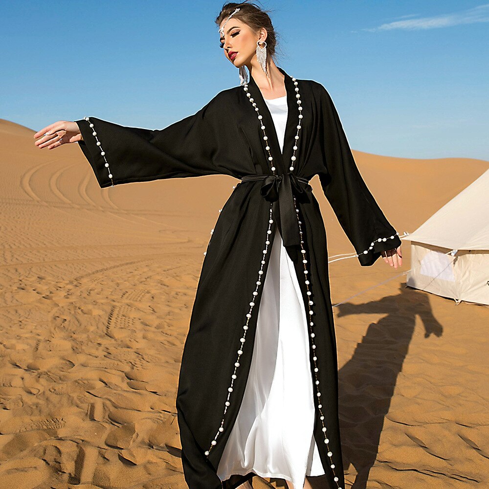 Djellaba Abaya Dubai Muslim Dress Kimono Cardigan Robes Dubai Pearl Beading Muslim Islam Abayas With Belt