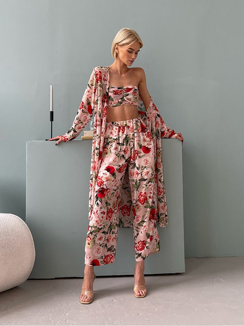 3 Pieces Set Outfits Women Wrap Chest Cardigan Pants Suit 3 Piece Sets Summer Floral Chiffon Sexy 3 Piece Matching Set For Women